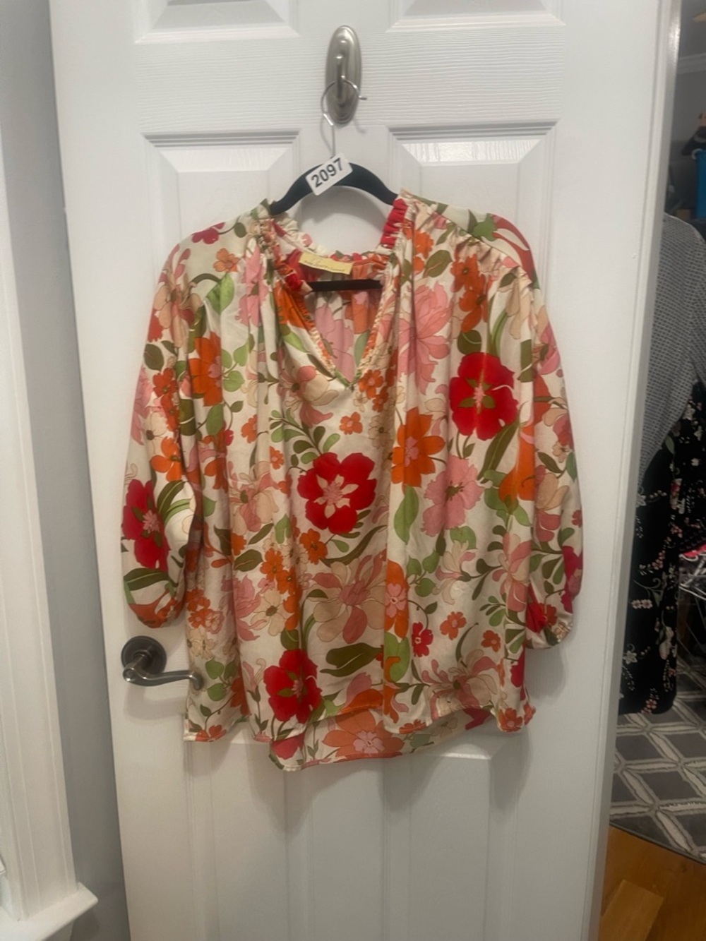Floral V-Neck Puff-Sleeve Blouse in Cream with Pink, Red & Orange Flowers